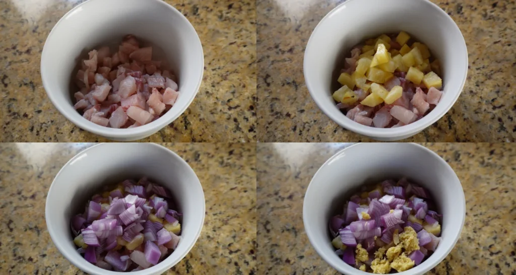 Testei a receita de ceviche com abacaxi do Panelinha misturando ingredientes do ceviche com abacaxi