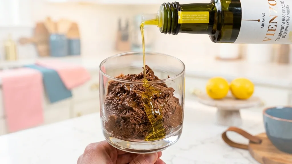 testando receitas mousse de chocolate com azeite de oliva condimentado com limão siciliano